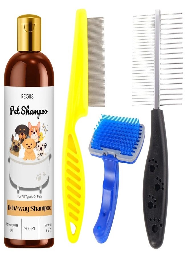 Regiis Pet Shampoo Set with Grooming Brushes, 200ml Lemongrass Oil Formula, Black, Yellow, Blue Combs for All Types of Pets(Pack of 4) - Image 1